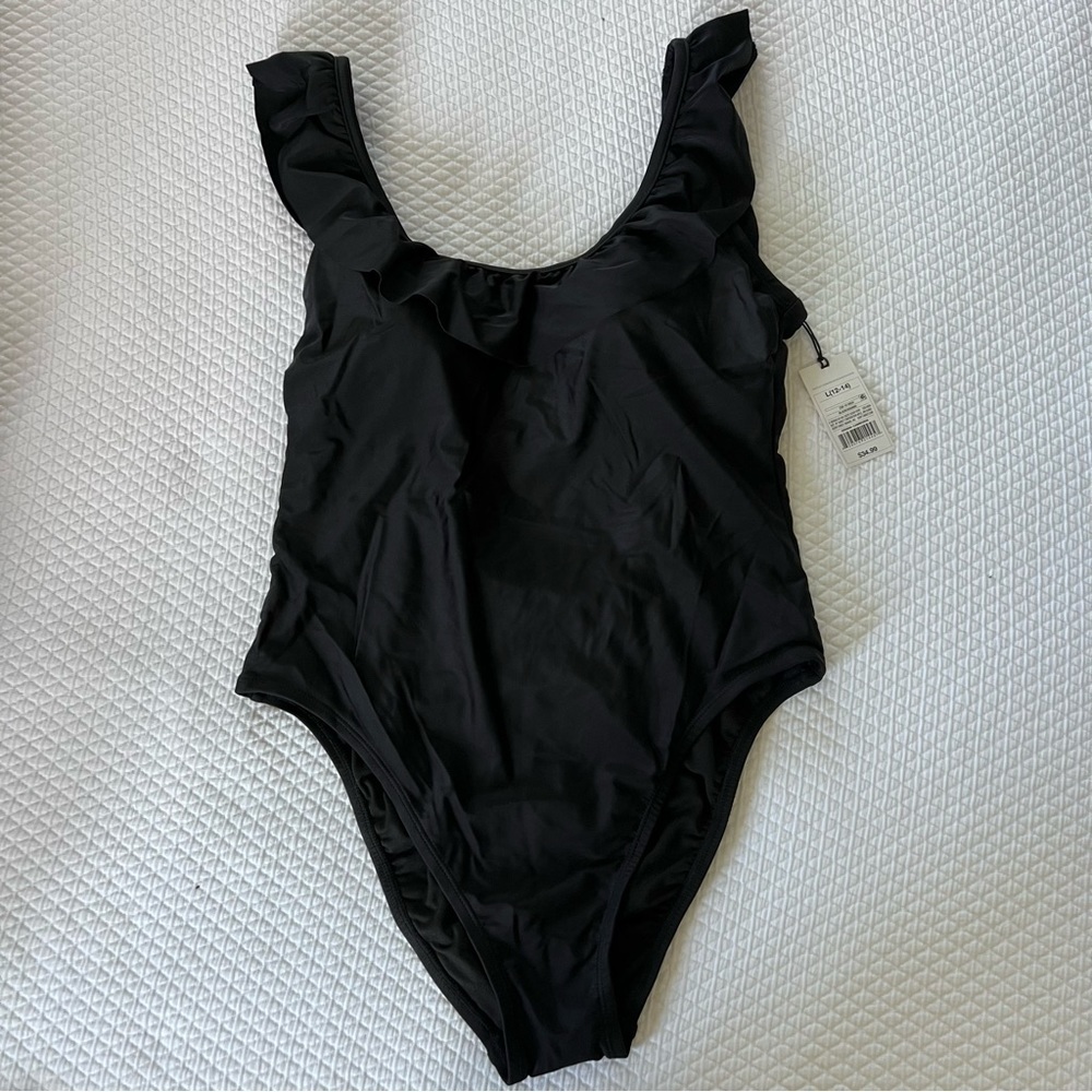 Shade & Shore Black Scoop Neck High Cut Ruffle One-Piece Swimsuit • Large